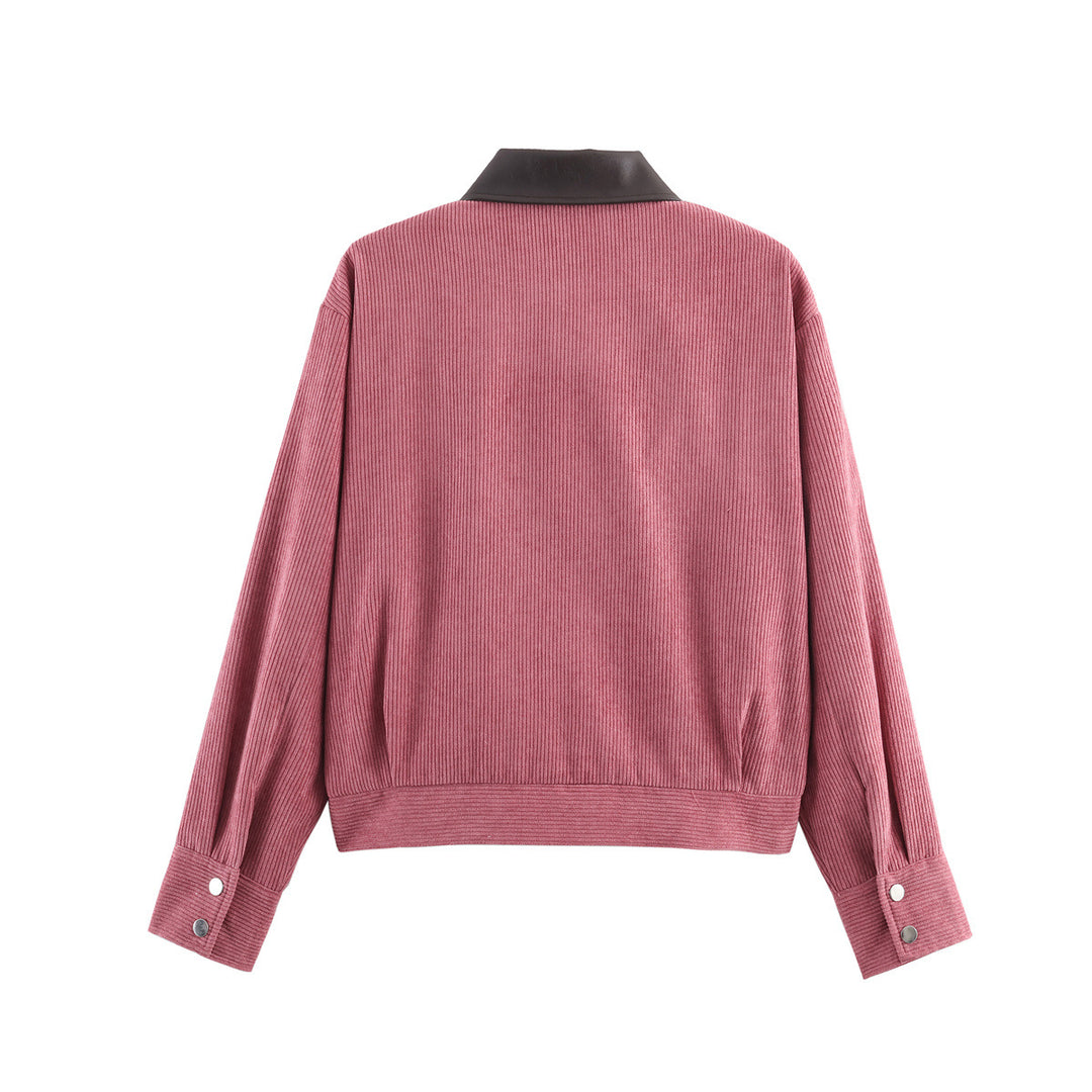 Women Ribbed Structure Short Jacket with Faux Leather Collar and Flap Pockets Mune Fashion