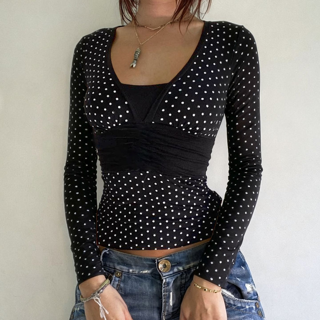 Women's tailored wrap blouse with polka dot pattern, deep V-neck and wide waistband Mune Fashion