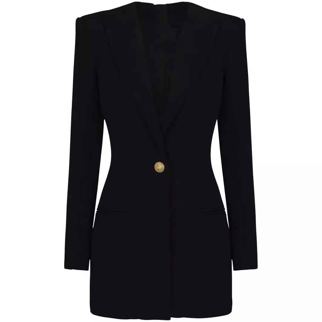 Women's short blazer dress in minimalist tailoring with emphasized shoulder and single-button closure Mune Fashion