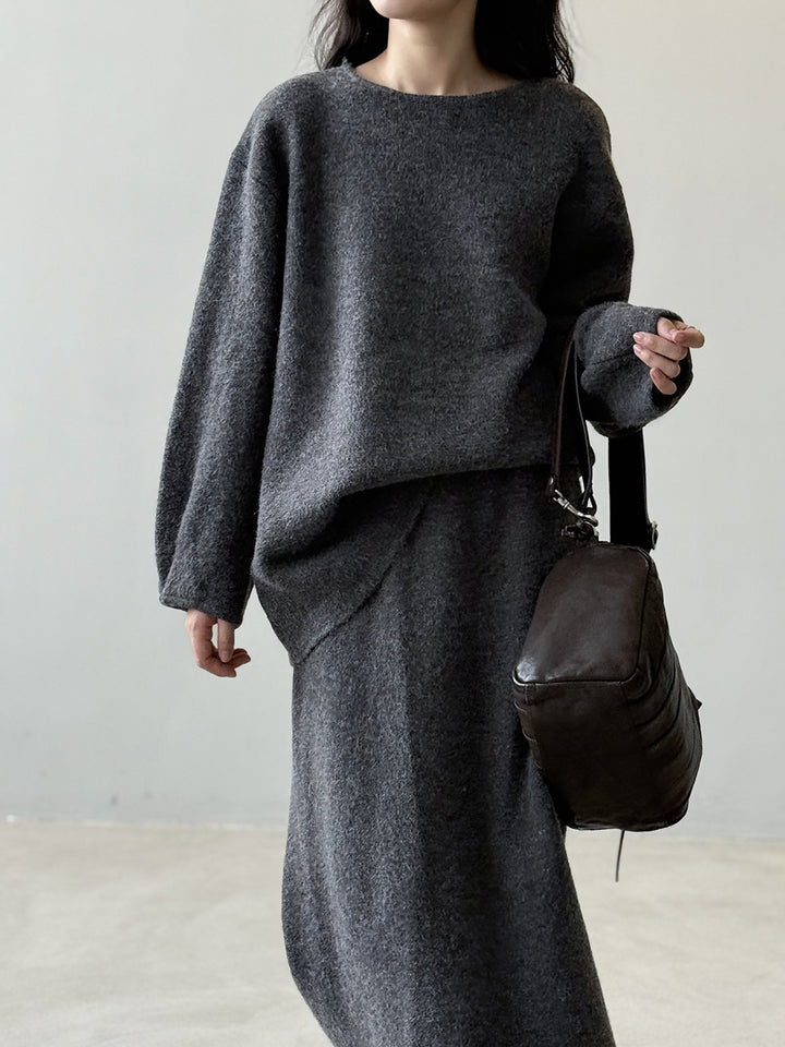 Women Cozy Knit Set Oversized Sweater with Wide Round Neckline and Midi Skirt Mune Fashion