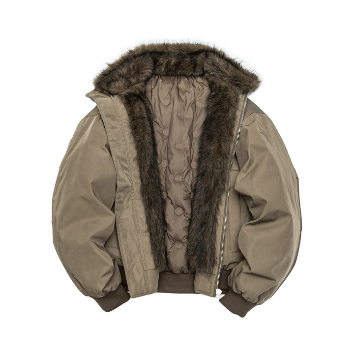 Men's Quilted Short Bomber Jacket with Removable Faux Fur Hood and Patch Front Pockets Mune Fashion