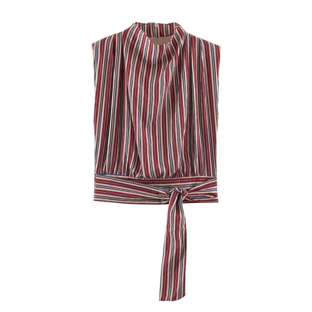 Women's Sleeveless Striped Blouse with Waterfall Collar and Tie Belt Mune Fashion