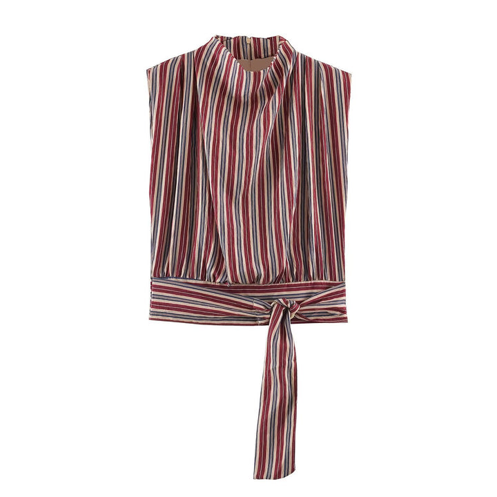 Women's Sleeveless Striped Blouse with Waterfall Collar and Tie Belt Mune Fashion