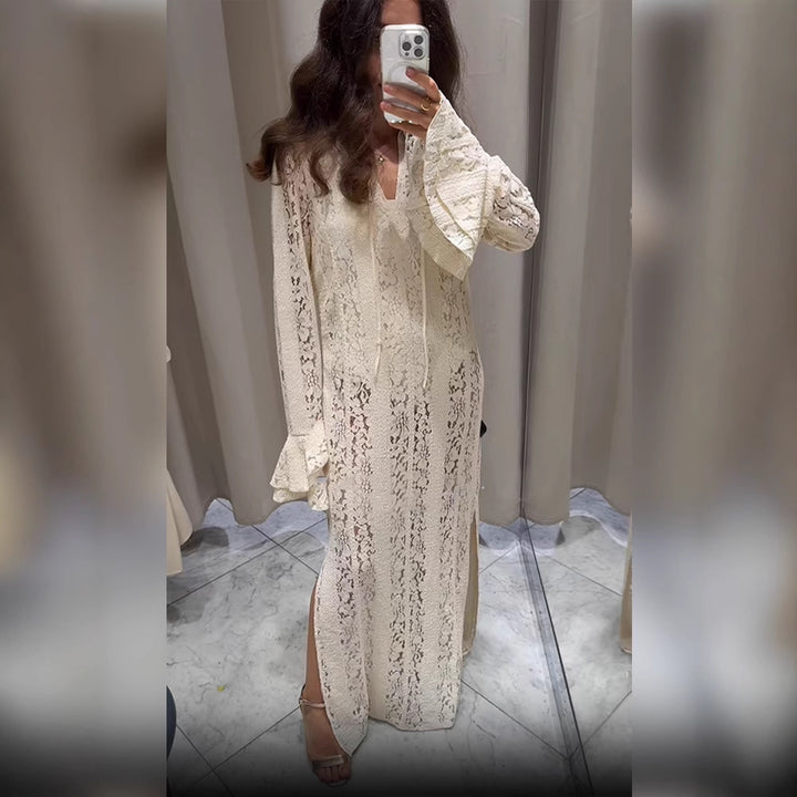 Women's Lace Maxi Dress with V-Neck, Bell Sleeves, and Side Slit Mune Fashion