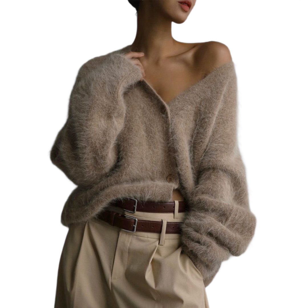 Women Fluffy Mohair-Optic Cardigan with V-Neck and Oversize Cut Mune Fashion
