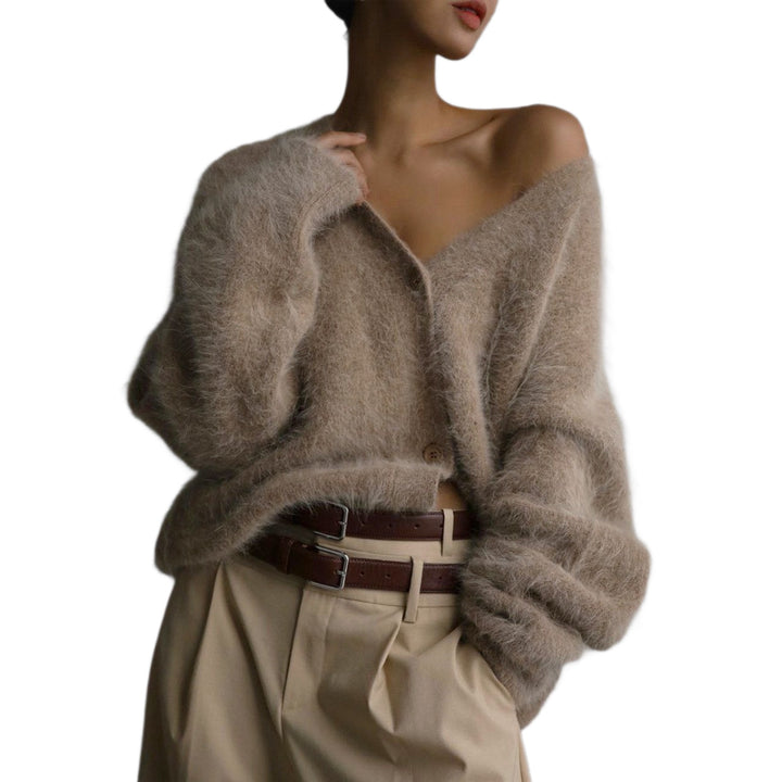 Women Fluffy Mohair-Optic Cardigan with V-Neck and Oversize Cut Mune Fashion