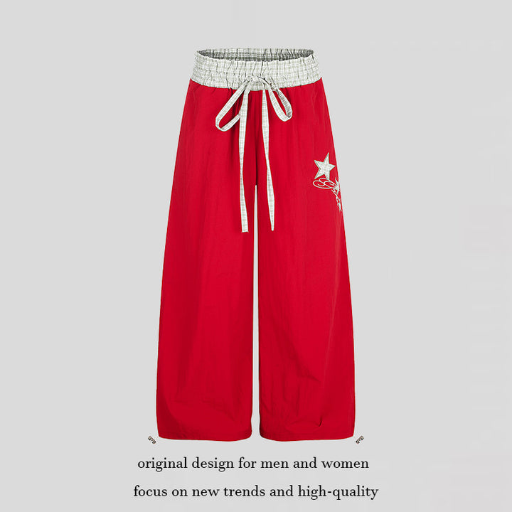 Women's Palazzo Lounge Pants with High Drawstring Waist, Checkered Comfort Waistband and Star Applique Mune Fashion