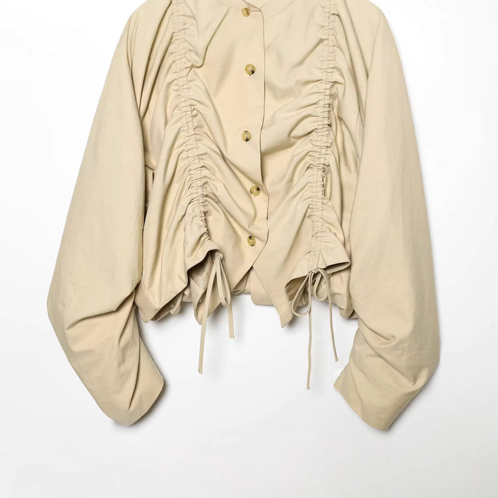 Women's Short Gathered Blouson Jacket with Large Peter Pan Collar Mune Fashion