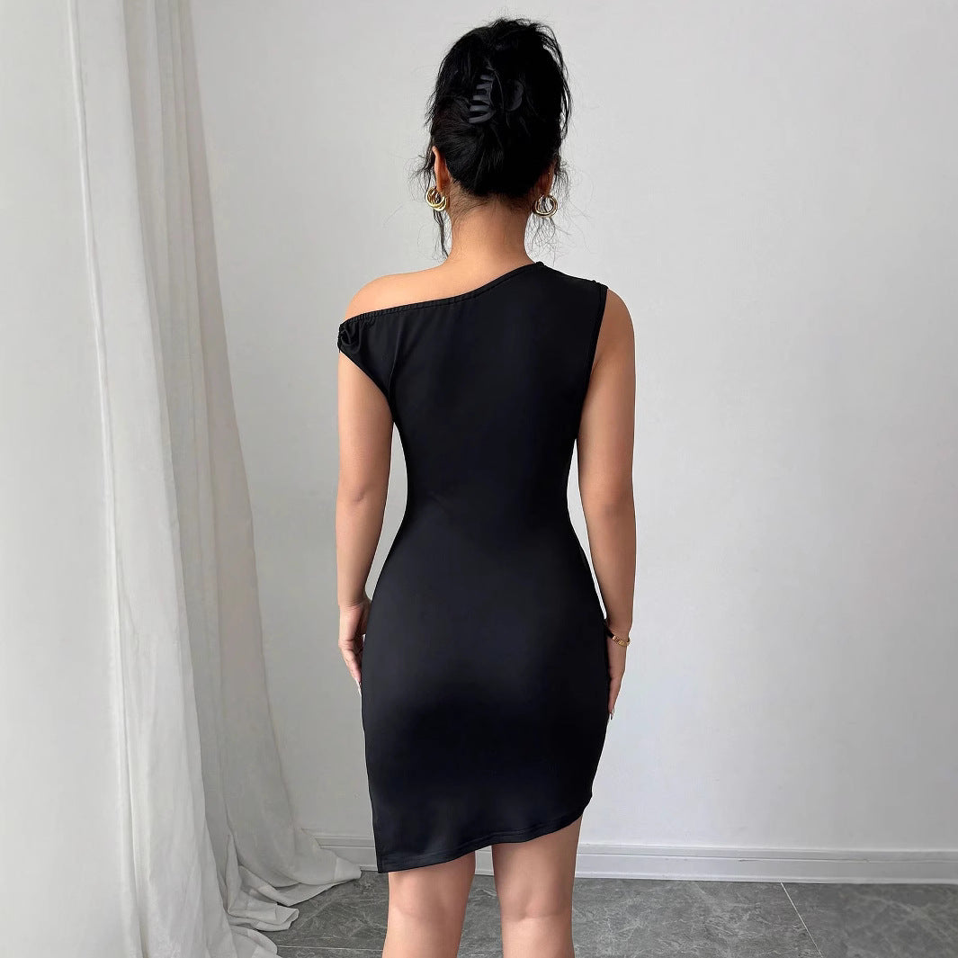 Women’s asymmetrical one-shoulder mini dress with waist gathering and figure-hugging stretch fit Mune Fashion