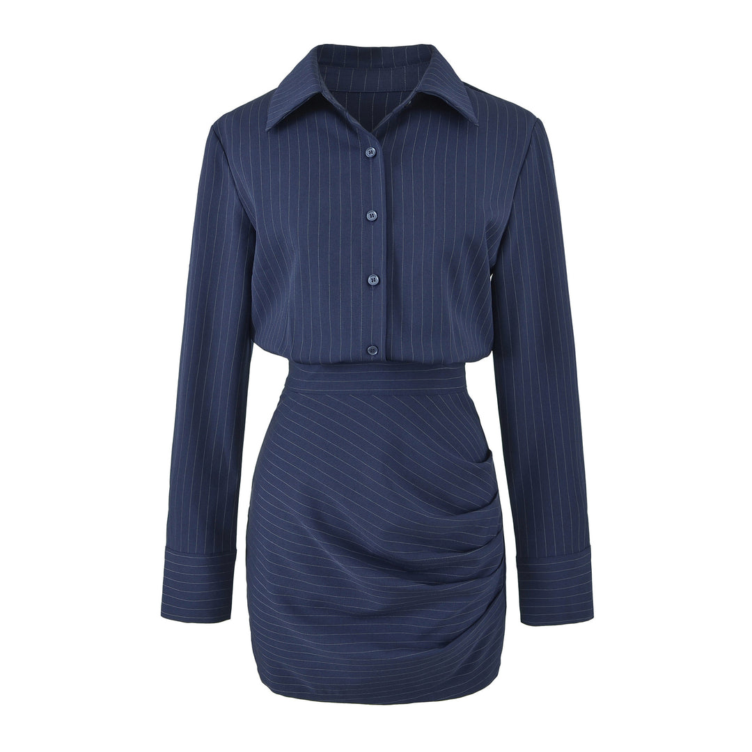 Women Tailored Midi Dress with Shirt Blouse Top and Pinstripe Design Mune Fashion
