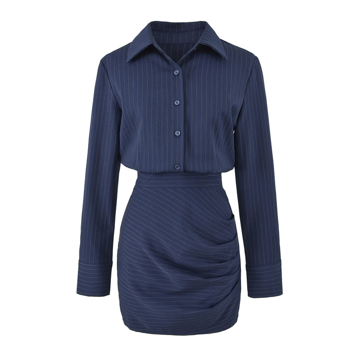 Women Tailored Midi Dress with Shirt Blouse Top and Pinstripe Design Mune Fashion