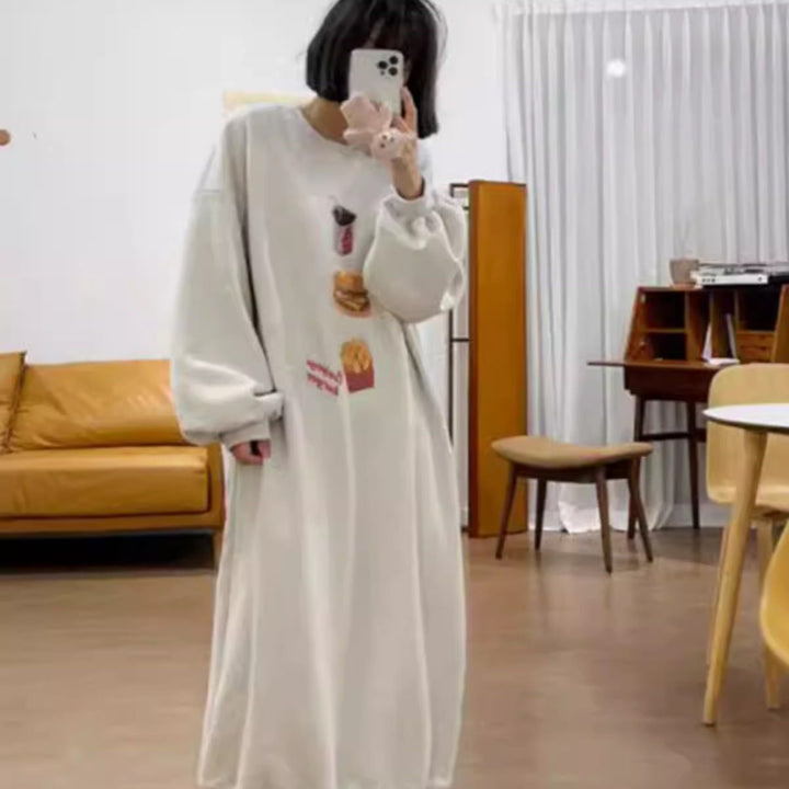 Women Long Oversized Sweat Dress with Fries Print, Raglan Sleeves and Side Pockets Mune Fashion