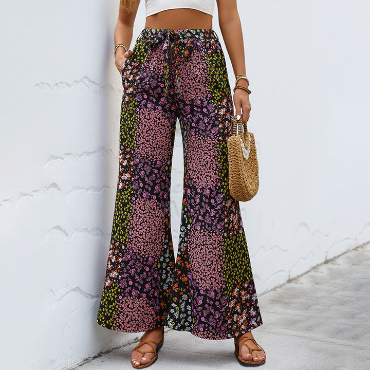 Women's Wide High-Waist Palazzo Pants with Floral Patchwork Print, Drawstring and Side Pockets Mune Fashion