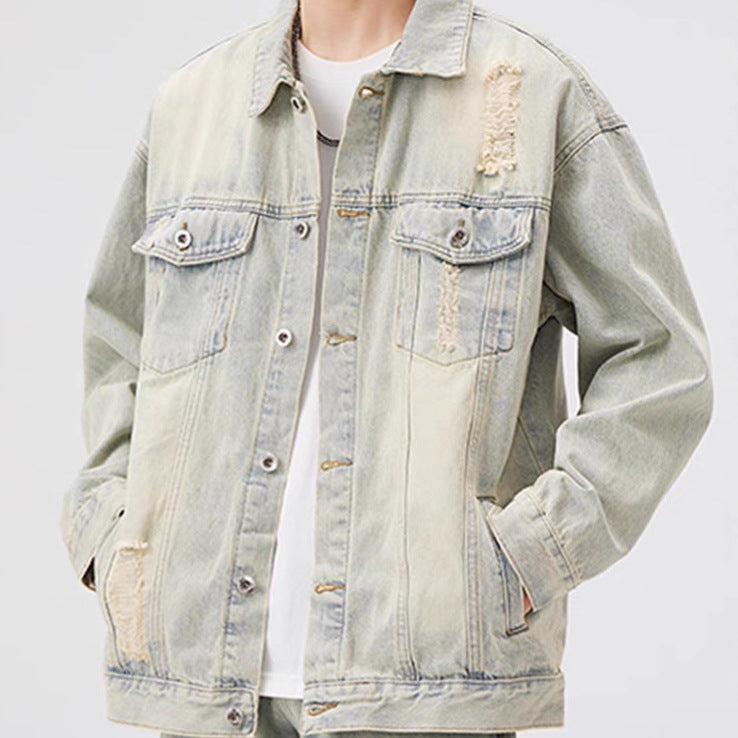 Men's Oversized Denim Jacket with Used Wash and Destroy Details Mune Fashion