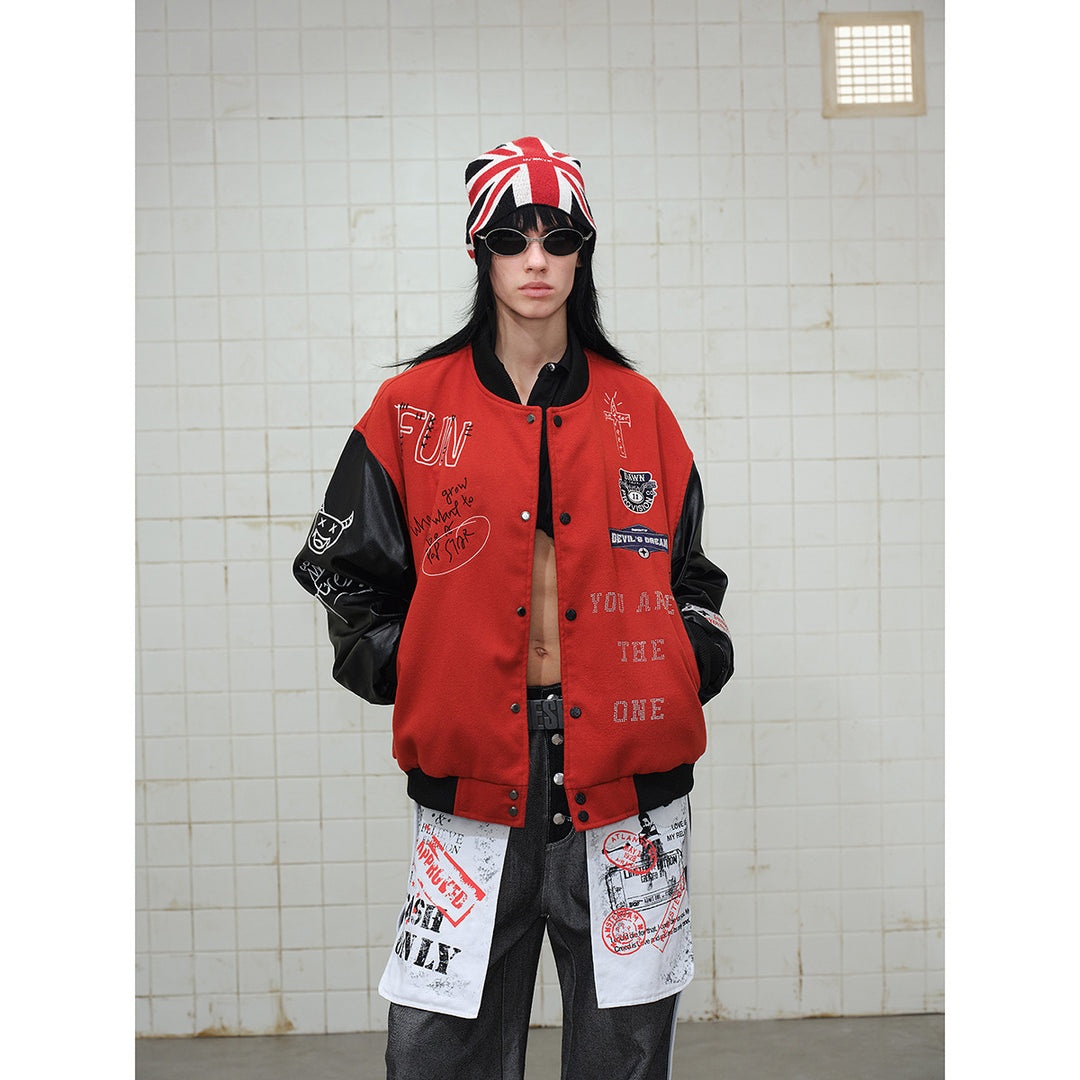Unisex Varsity Bomber Jacket in College Look with Wool Blend Body and Faux Leather Sleeves Mune Fashion