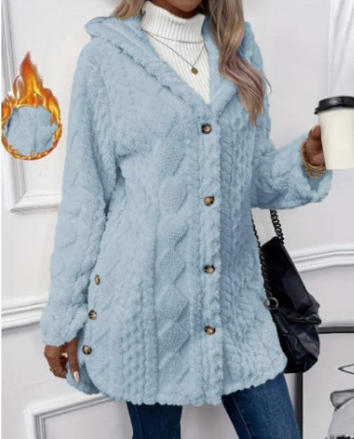 Women's hooded teddy coat with cable pattern, decorative buttons and warm fleece lining Mune Fashion