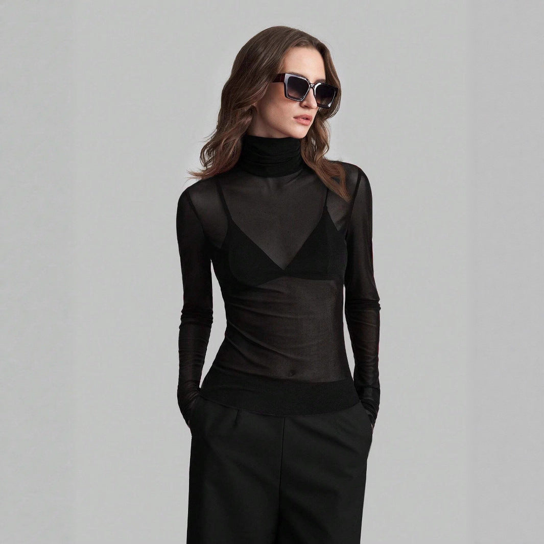 Women's Transparent Turtleneck Blouse with Figure-Shaping Cut Mune Fashion