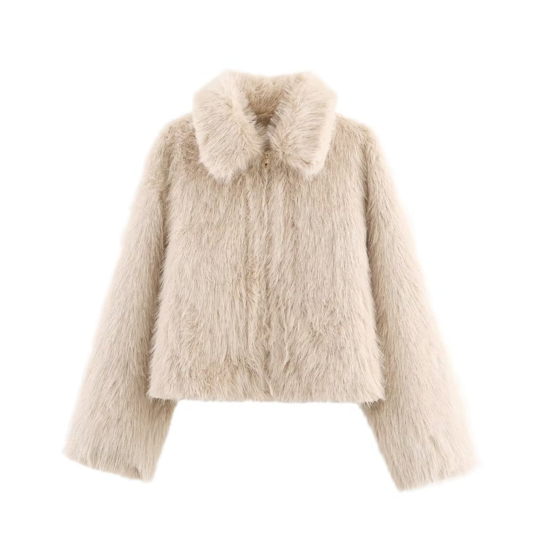 Ladies Short Fluffy Faux Fur Jacket with Lapel Collar and Straight Hem Mune Fashion