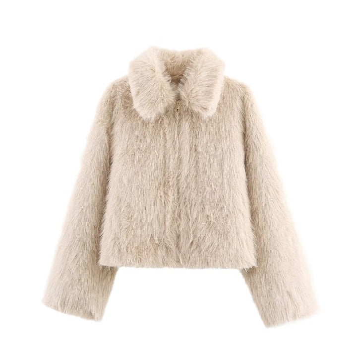 Ladies Short Fluffy Faux Fur Jacket with Lapel Collar and Straight Hem Mune Fashion
