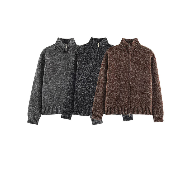 Women's Chunky Knit Zip Sweater with Stand-Up Collar and Ribbed Hem Mune Fashion