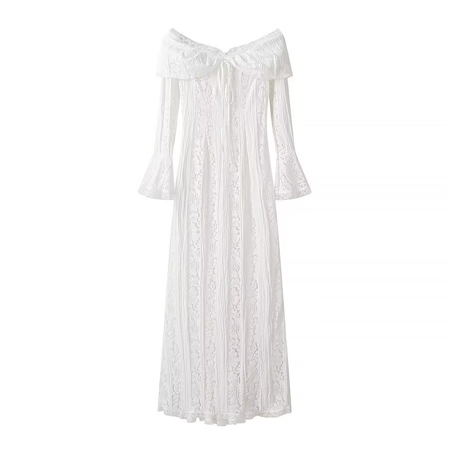Ladies maxi dress made of lace with off-shoulder Carmen neckline and bell sleeves Mune Fashion