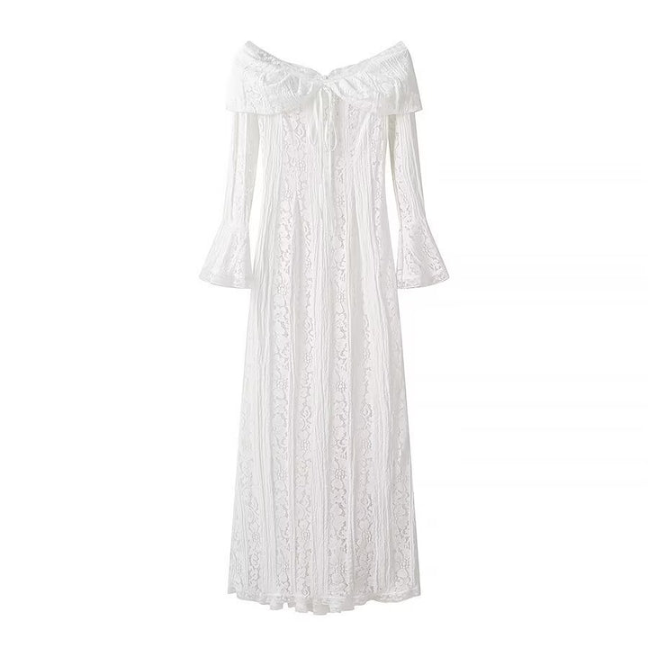 Ladies maxi dress made of lace with off-shoulder Carmen neckline and bell sleeves Mune Fashion