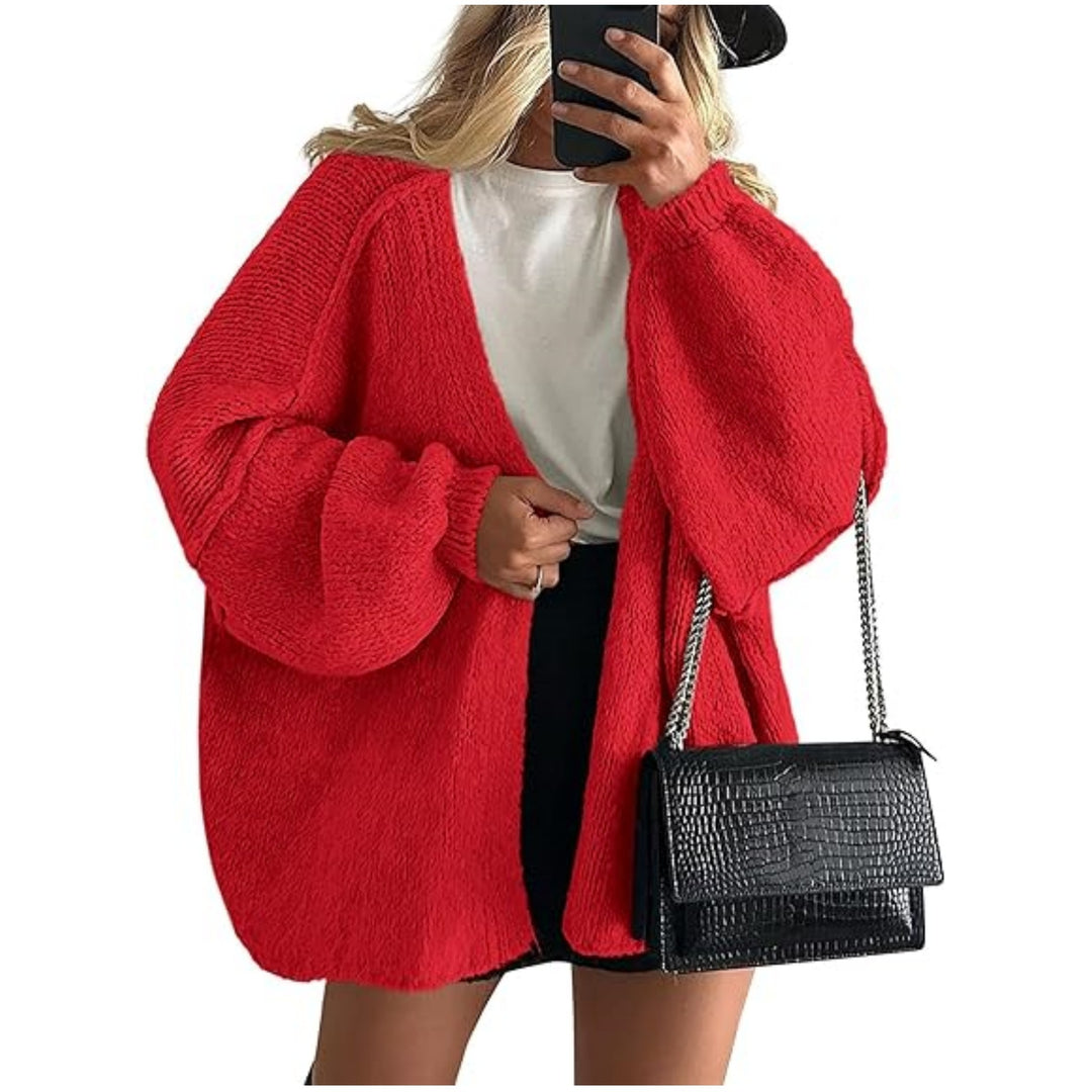 Women's Oversized Knit Cardigan with Balloon Sleeves and Open Front Mune Fashion