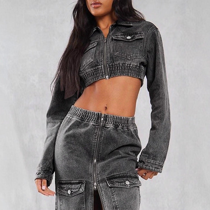 Women's Cropped Denim Set consisting of jacket and midi skirt with zipper, elastic waistband & cargo pockets Mune Fashion
