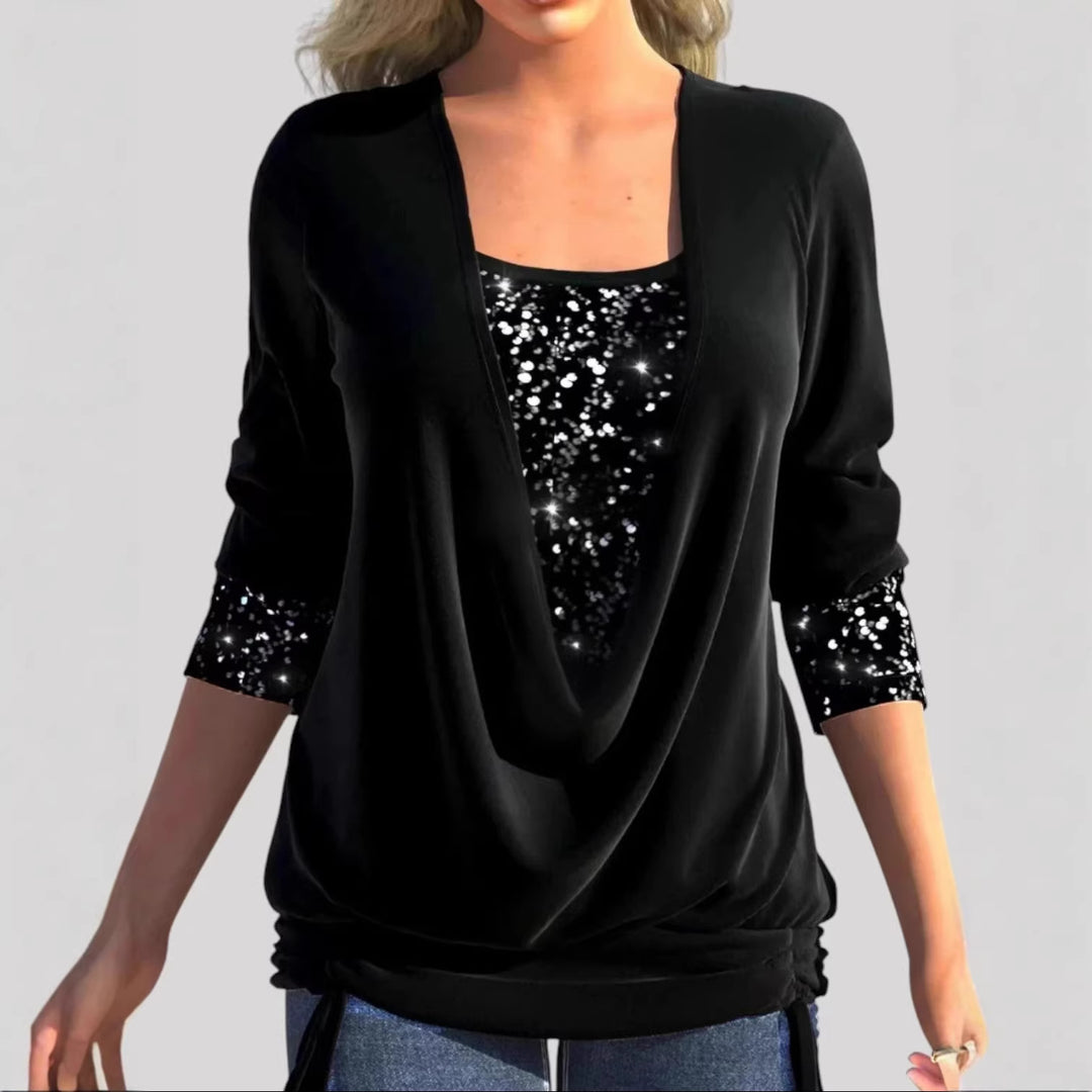 Women's Fashion Draped Sweater with Glitter Accents