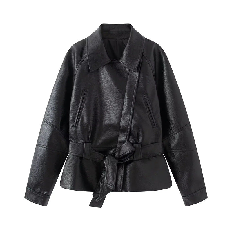 Women nan tailored faux leather jacket with shirt collar and tie belt Mune Fashion