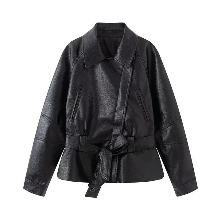 Women nan tailored faux leather jacket with shirt collar and tie belt Mune Fashion