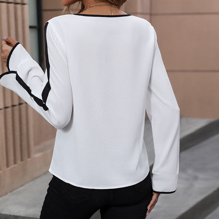 Women Elegant Chiffon Blouse with Contrast Piping, Bow Tie Mune Fashion and Trumpet Sleeves Mune Fashion