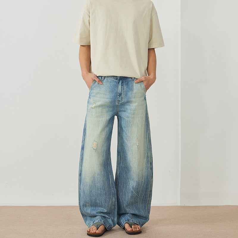 Men's Ultra Wide Stonewashed Baggy Jeans in Floor-Length Palazzo Cut with Used Effect Mune Fashion