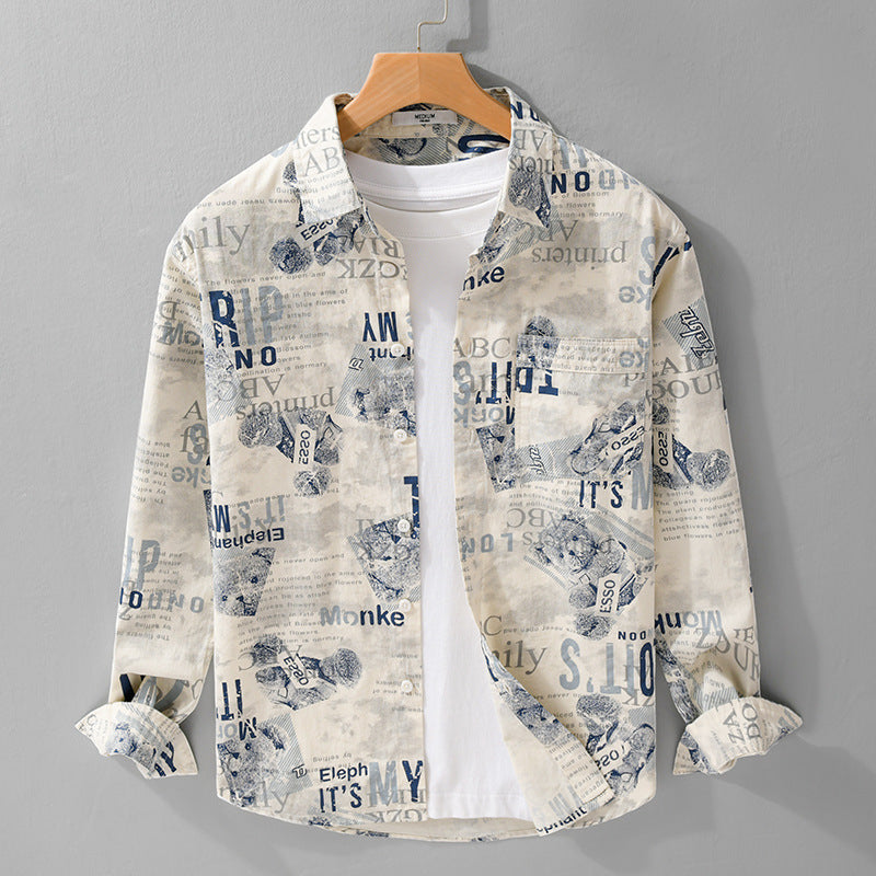 Men's overshirt made of cotton-linen with typographic newspaper print and relaxed fit Mune Fashion