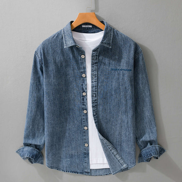 Men's relaxed denim overshirt with button placket and chest embroidery Mune Fashion