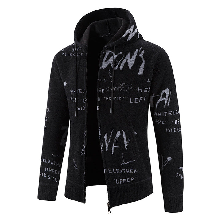 Men's knitted hooded jacket with full-length zipper, graphic all-over print, and side pockets Mune Fashion