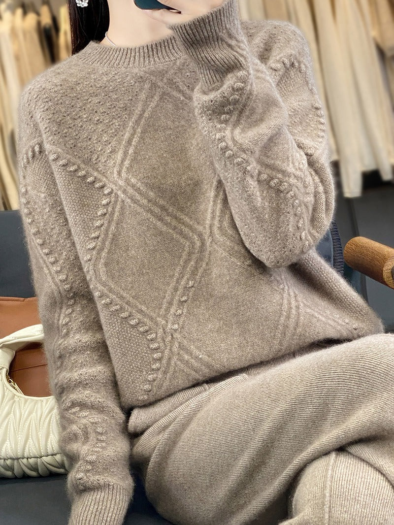 Ladies Cozy Mohair-Look Oversized Sweater with Diamond Structure and Bobble Details Mune Fashion