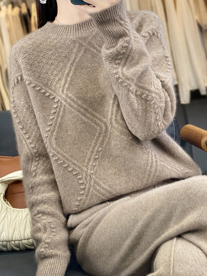 Ladies Cozy Mohair-Look Oversized Sweater with Diamond Structure and Bobble Details Mune Fashion