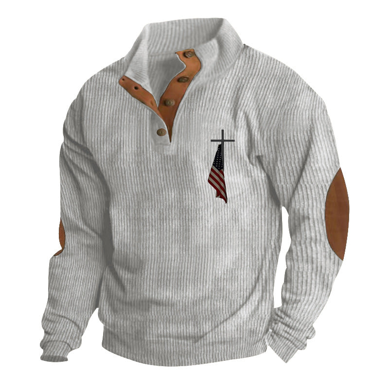 Men's structured troyer with faux leather elbow patches, V-button placket, and discreet emblem Mune Fashion