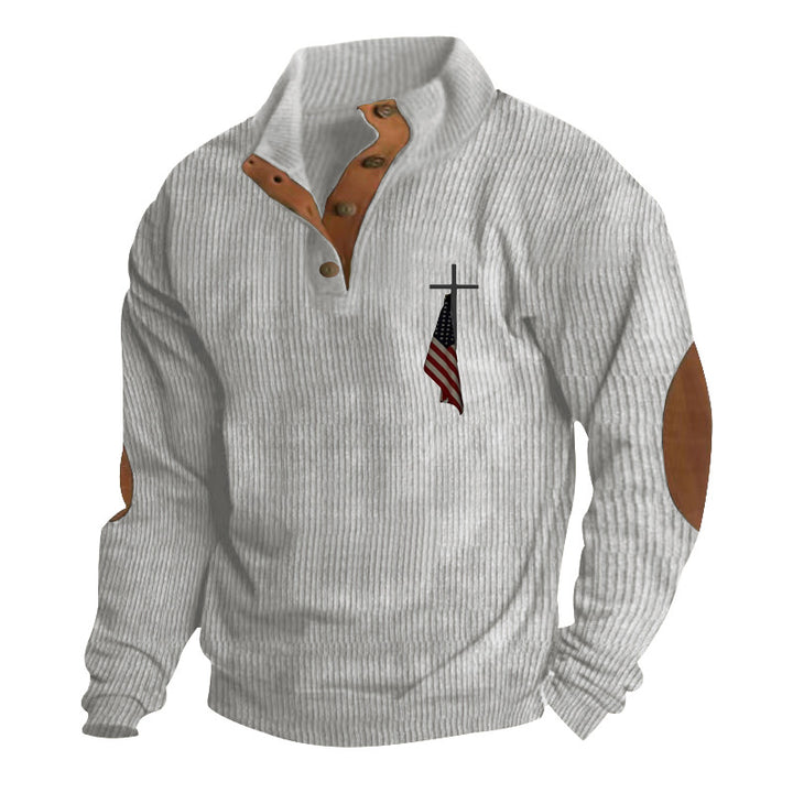 Men's structured troyer with faux leather elbow patches, V-button placket, and discreet emblem Mune Fashion