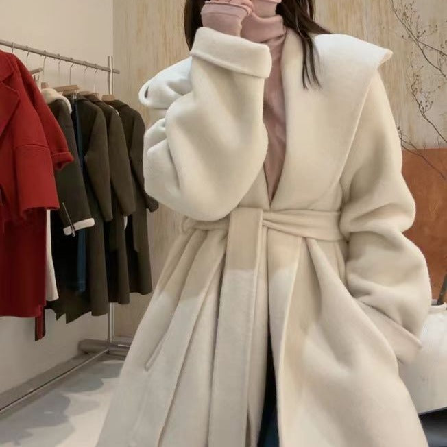 Women's Short Wool Coat with Waist Belt and Oversized Sleeves Mune Fashion