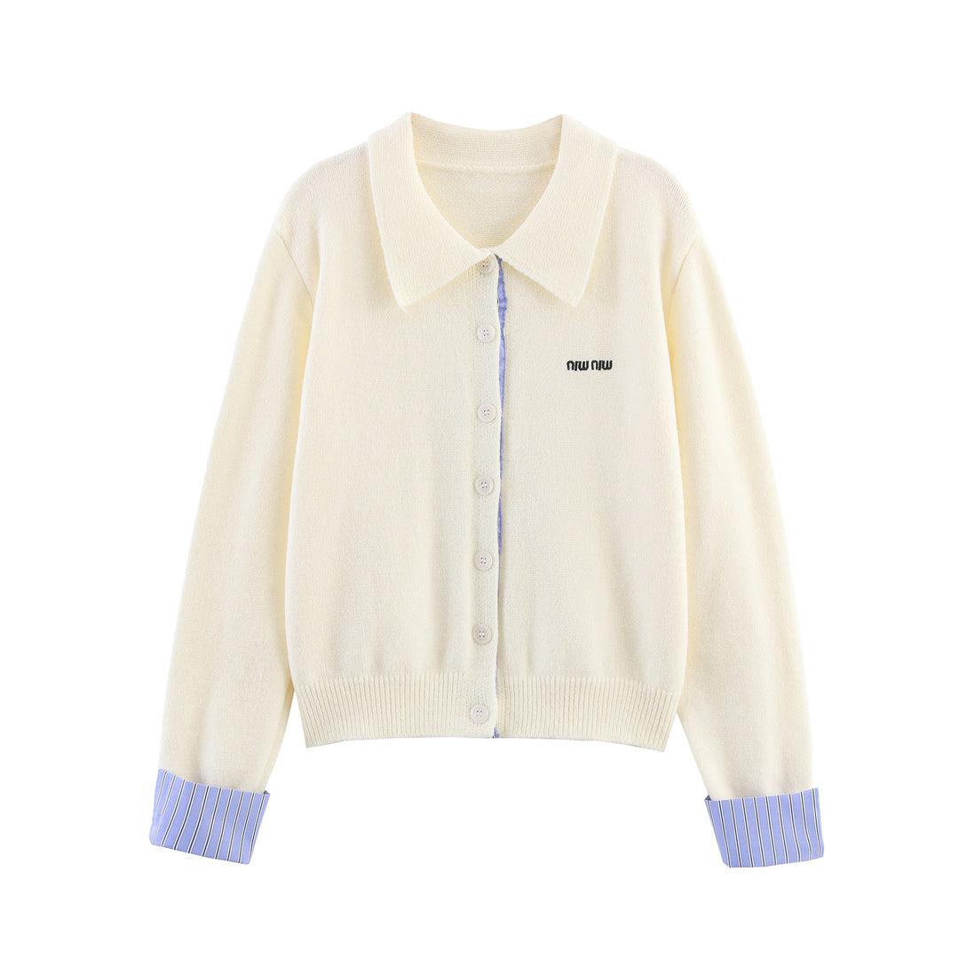 Women Two-Piece Fine Knit Set with Shirt Collar Cardigan and Pleated Skirt Mune Fashion