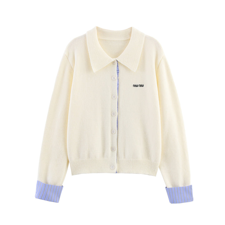 Women Two-Piece Fine Knit Set with Shirt Collar Cardigan and Pleated Skirt Mune Fashion