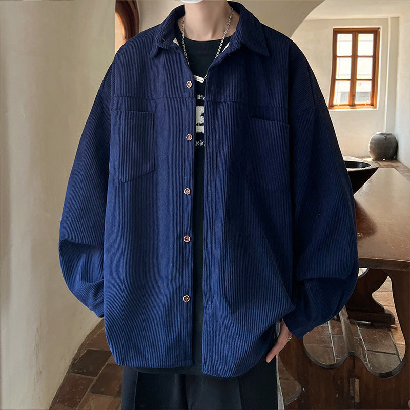 Men's oversized cord shirt jacket with stitched breast pockets, rounded hem, and loose silhouette Mune Fashion