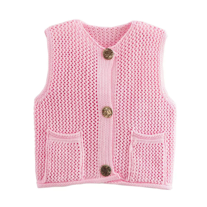 Women's crochet knit vest with large decorative buttons and patch pockets Mune Fashion