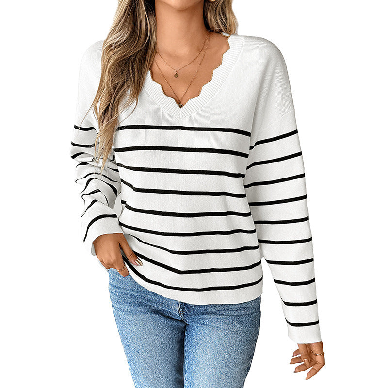 Women's Striped V-Neck Sweater with Wavy Collar Edge and Casual Fit Mune Fashion