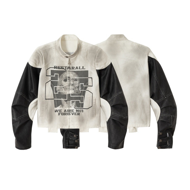 Unisex Short Cut Boxy Biker Jacket in Vintage Leather Look with Graphic Skull Print and Stand-up Collar Mune Fashion