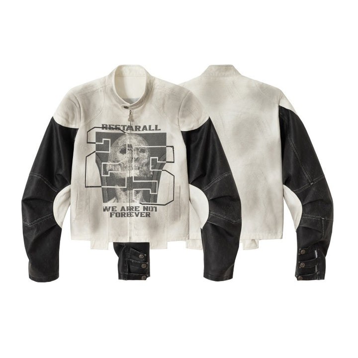 Unisex Short Cut Boxy Biker Jacket in Vintage Leather Look with Graphic Skull Print and Stand-up Collar Mune Fashion