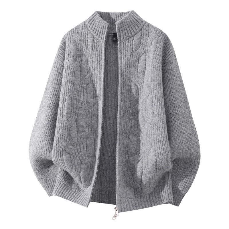 Women Soft Oversized Cable Knit Cardigan with Stand Collar & Two-Way Zipper Mune Fashion