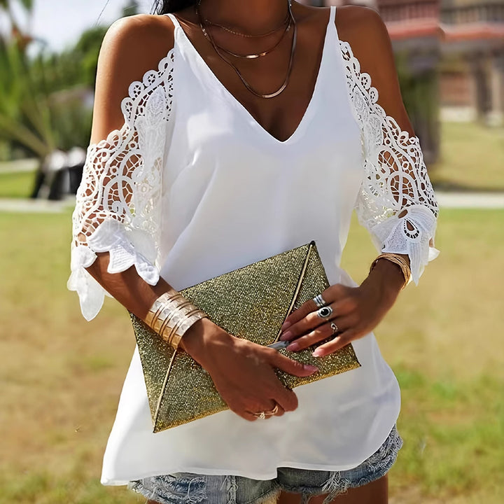 Women's off-the-shoulder spaghetti strap top with crocheted lace sleeves and V-neck Mune Fashion